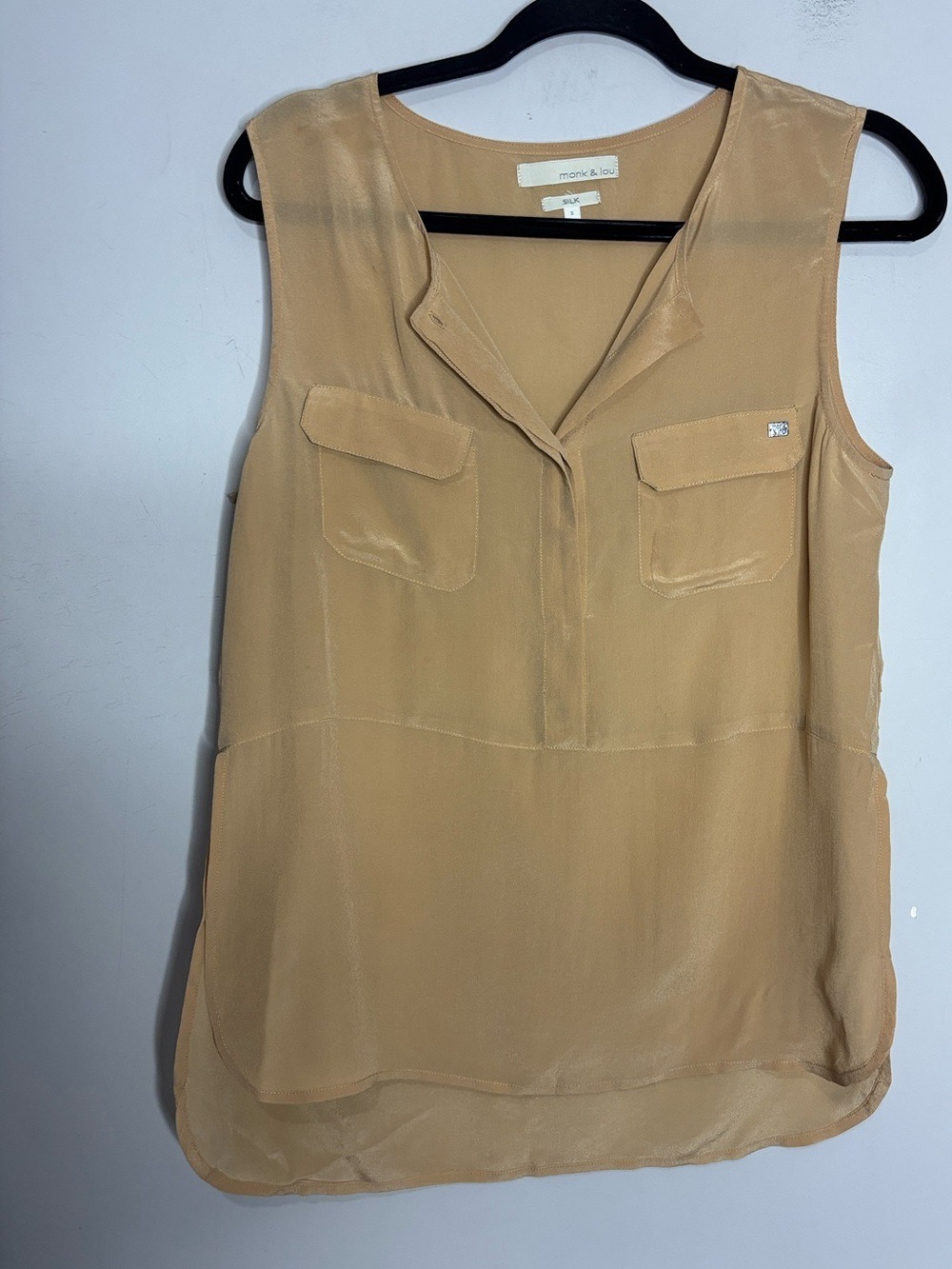 Monk & Lou Sleeveless Silk Utility Blouse V Neckline Camel, size S - Picture 2 of 10